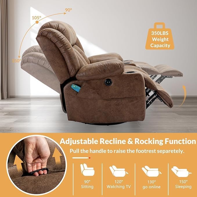 360° Swivel Glider Rocking Recliner Chair Overstuffed Manual Massage Recliner with Heat and Vibration Single Modern Sofa Home Theater Seating for Living Room USB Port/Cup Holders (Brown)