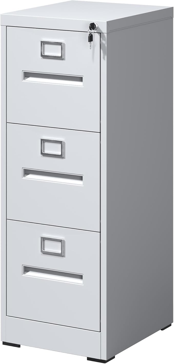 3 Drawer Small File Cabinet with Lock - Under Desk Storage Metal Vertical Filing Cabinets Organizer for Home OfficeAssembly RequiredWhite