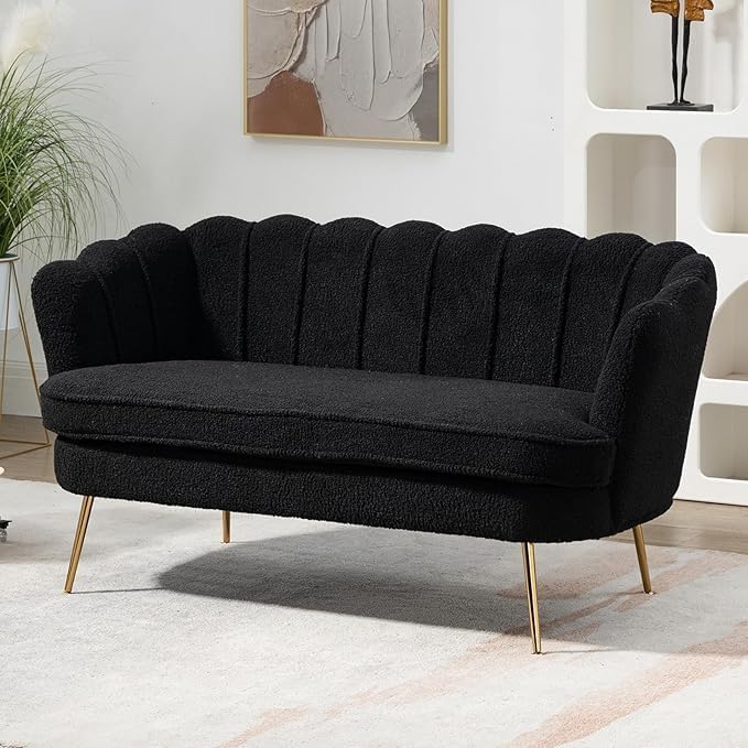 59 Wide Loveseat Sofa Boucle Upholstered Small Couch with Petal-Shaped Design Modern Leisure Sofa with Gold Metal Legs Mini Room Couch for Bedroom Apartment (Black-Boucle)