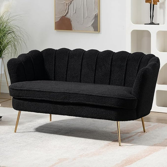 59 Wide Loveseat Sofa Boucle Upholstered Small Couch with Petal-Shaped Design Modern Leisure Sofa with Gold Metal Legs Mini Room Couch for Bedroom Apartment (Black-Boucle)