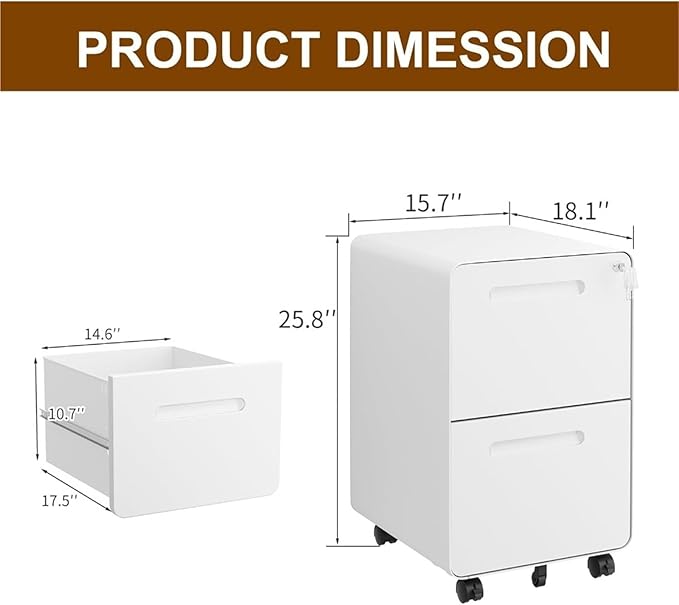 Mobile File Cabinet 2 Drawer File Cabinet with Lock and 4 Keys Mobile Metal Filing Cabinets for Home Office Under Desk Pre-Assembly(White)