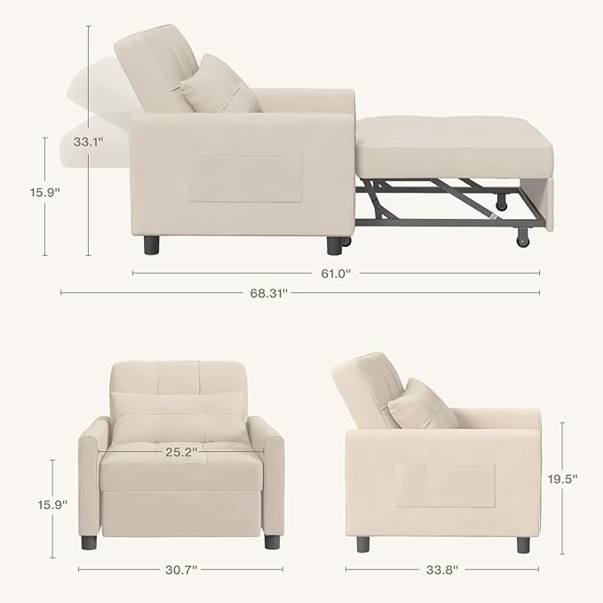 Aiho Convertible Sleeper Chair 3-in-1 Sofa Bed with Adjustable Design Pillow &amp Pocket - Pull Out Sleeper for Apartment(Beige)