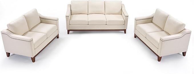 Modern 3 Piece Sofa Set with Rivets Included Chenille Loveseat 2-Seater Sofa Set of 2 and Upholstered 3-Seater Couches with Solid Wood Legs Living Room Furniture SetBeige
