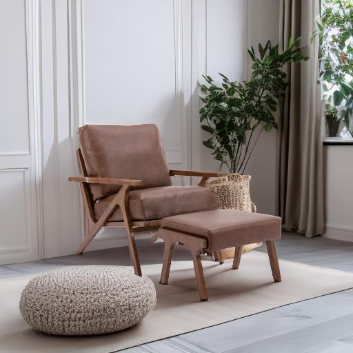 chairus Mid-Century Modern Brown Faux Leather Accent Chair with Ottoman Comfy Upholstered Lounge Armchair with Removable Cushion &amp Solid Wood Frame Retro Reading Chair for Living Room Bedroom Of