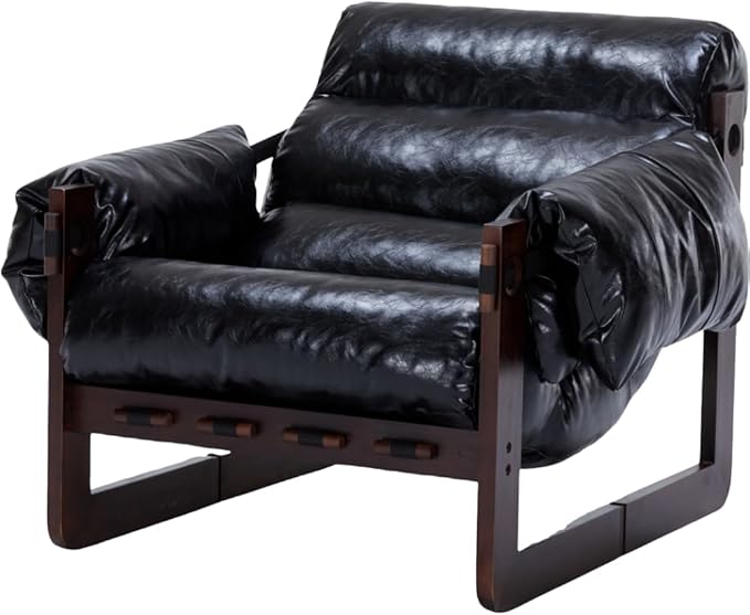 GDFStudio Aogex Oil Waxed Leather Lounge Sofa Accent Chair Leather Club Chair Armchair with Removable Pillow Comfort Chaise Lounge Single Reading Sofa for Living Room Bedroom Home Black