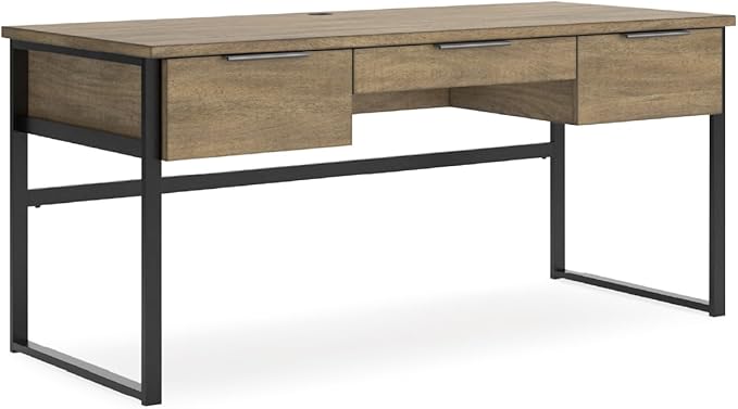 Signature Design by Ashley Montia Contemporary 67 Home Office Desk with Drawers and Cord Management Light Brown &amp Black