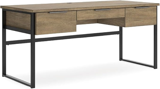 Signature Design by Ashley Montia Contemporary 67 Home Office Desk with Drawers and Cord Management Light Brown &amp Black