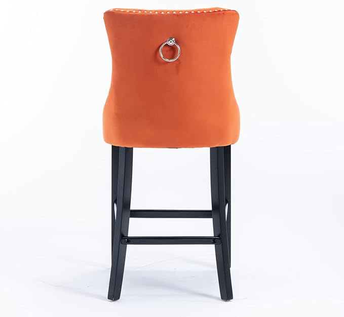 Modern Upholstered BarstoolsVelvet Bar ChairsSet of 2Wooden LegsLeisure Style Bar ChairsHigh Backrest ChairKitchen Island Chairs for CafesLiving RoomKitchenBarOrange