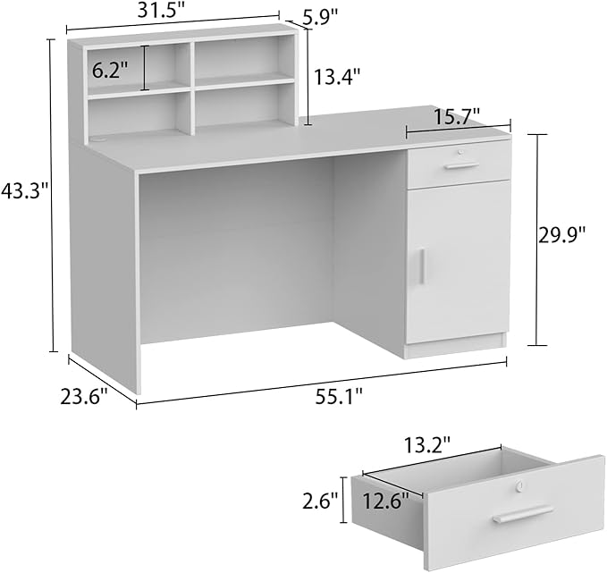 Homsee Modern Reception Desk Counter with Hutch Lockable Drawer &amp 1 Door Cabinet Office Wooden Computer Desk Reception Table White and Brown (55.1”L x 23.6”W x 43.3”H)