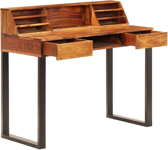Wooden Writing Computer Desk with 2 Drawers Home Office Desk Writing Study Table PC Desk Workstation for Bedroom 43.3x19.7x37 Solid Sheesham Wood and Steel