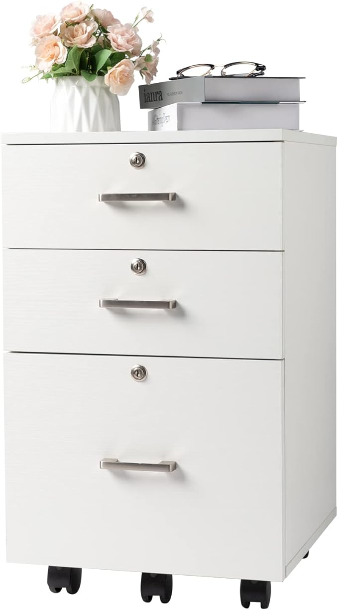 3-Drawer Wooden Filing Cabinet with Lock Printer Stand Office Mobile Storage Cabinet for Home and Small Office Use (White)