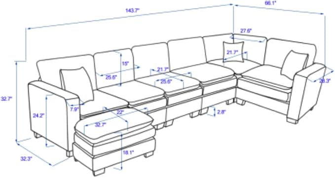 Modern U Shaped 6-seat Sectional Sofa Couch with one Ottoman and Three toss PillowsModular Sofa for Living RoomCorduroy (OrangeCorduroy-7 Seat)
