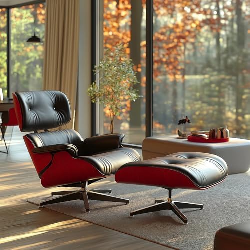 Top Black Grain Leather Mid Century Chaise Lounge Chair and Ottoman Modern Chair Classic Design Red Rosewood Heavy Duty Base Support for Living Room Office