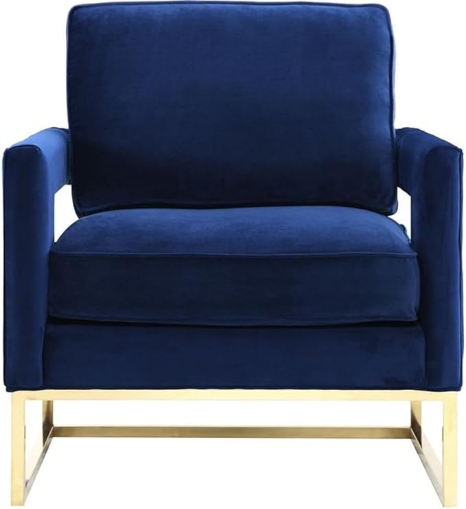 TOV Furniture The Avery Collection Modern Style Living Room Den Leather Upholstered Armchair with Gold Legs Navy