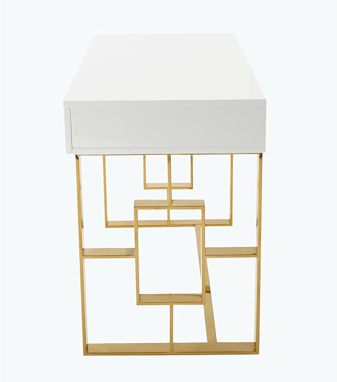 First of a Kind Brooke Mid Century Modern Gloss Lacquer Computer Desk - Home Office Desk with Drawers - Writing Desk for Luxurious Touch - Versatile PC Desk White/Gold