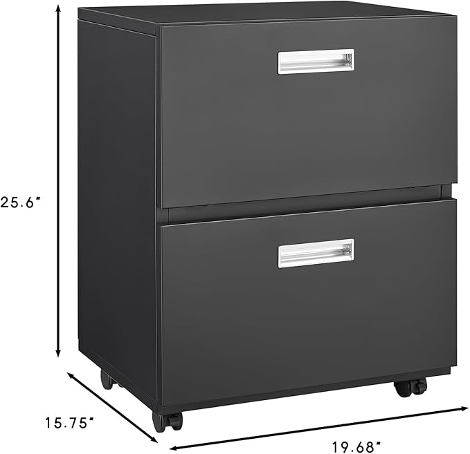 2-Drawer File Cabinet Metal Lateral Filing Cabinet with 360° Universal Wheels &amp Handle Mobile Pedestal Office File Cabinet Printer Stand for Legal/Letter/A4 Files Home Office Black
