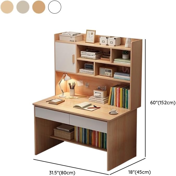 LITFAD Modern Computer Desk Work from Home Desk with Hutch Bookcase and Integrated Cable Management Rectangular Wood Office Desk 2 Drawers 31.5 L x 17.7 W x 59.8 H Natural