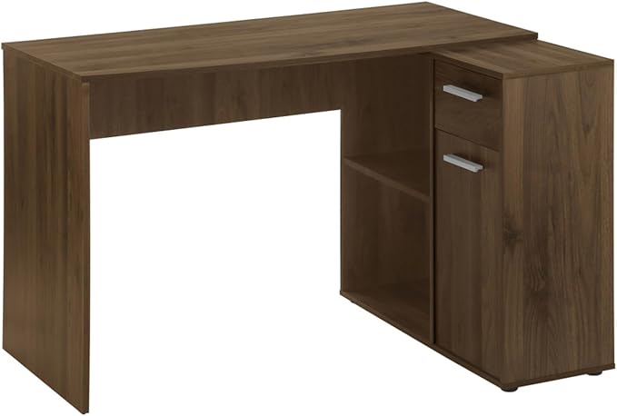 L-Shaped Computer Desk with Storage Drawers and Cabinet 46” Corner Desk for Home Office or Bedroom Walnut Wood-Look Laminate Finish Compact Workstation with Open Shelves