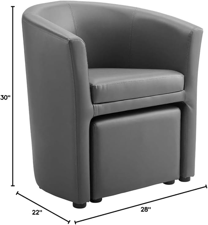 Pemberly Row Modern Faux Leather Armchair and Ottoman Gray Finish Foam Padded Upholstery Wooden Frame Self-Storage Tuck Away Ottoman 30 H x 22 W x 28 D Living Room or Lounge Seating