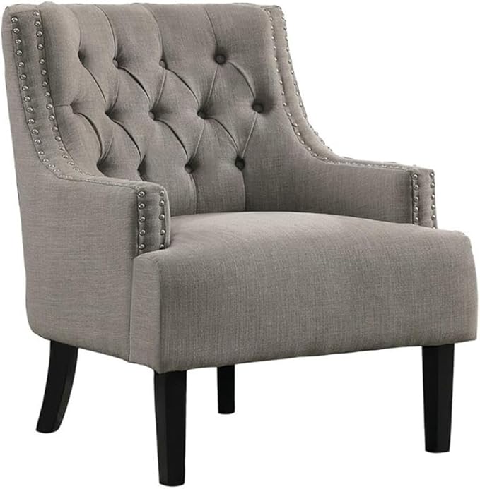 Pemberly Row Upholstered Accent Chair Taupe Fabric Solid Wood Frame High-Density Foam Cushions Button-Tufted Back Nailhead Trim Espresso Finish Legs 34.75 H x 28 W x 30.25 D for Living Room