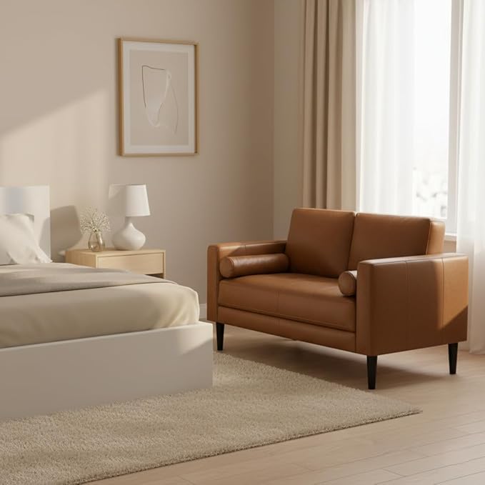 Naomi Home Genuine Leather Loveseat - Revel in Exquisite Leather Opulence - Unparalleled Luxury Mid Century Loveseat Embodiment of Cozy Lounging and Contemporary Design Tan