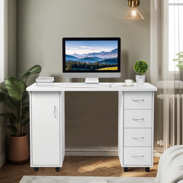 White Rolling Home Office Computer Desk Corner Desk Rolling Desk with Storage Drawers Home Office Desks Home Table with Drawers &amp Cabinet Modern Writing Desk On Wheel Nail Table with Drawer W