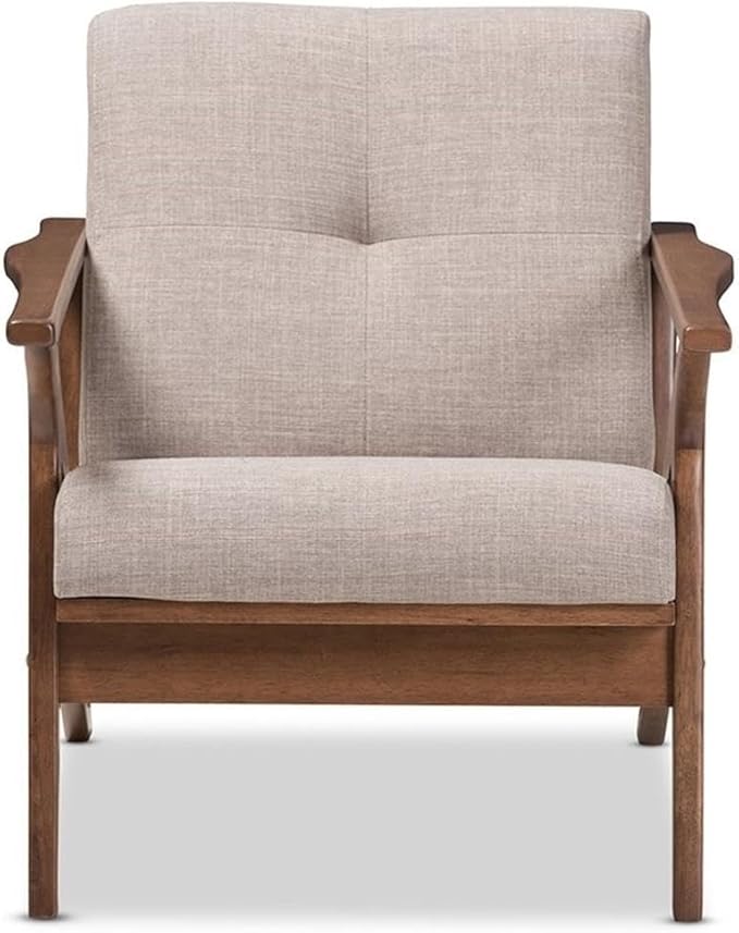 BOWERY HILL Tufted Accent Arm Chair Gray Polyester Upholstery Walnut Brown Rubber Wood Frame Mid-Century Modern Style Removable Cushions 29.53 H x 27.95 W x 33.07 D Living Room Seating