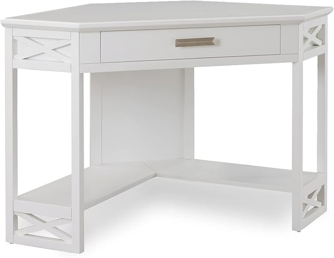 Leick Home Sage Corner Office Desk Solid Wood with Drop Front Keyboard Drawer White 85430