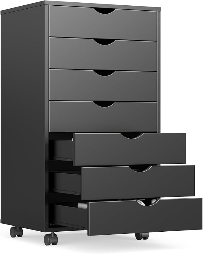 NEWBULIG 7 Drawers Mobile File Cabinet Under Desk Storage with Wheels Office Filing Cabinets Small Wooden Rolling Chest of Dawers for Home Office Black