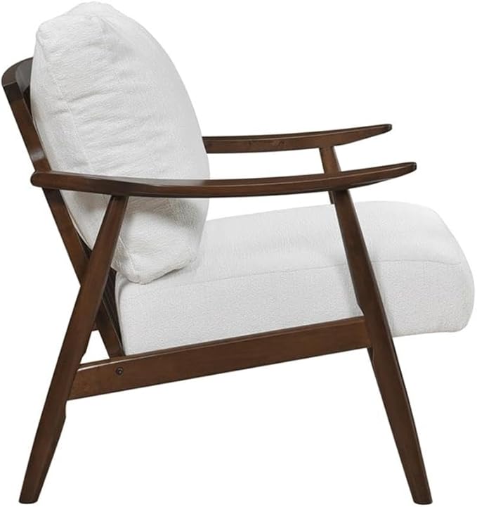Pemberly Row Mid-Century Textured Fabric Accent Chair Beige Upholstery Rubberwood Frame Foam Padding Reversible Cushions Tapered Legs Versatile Living Room or Bedroom Seating