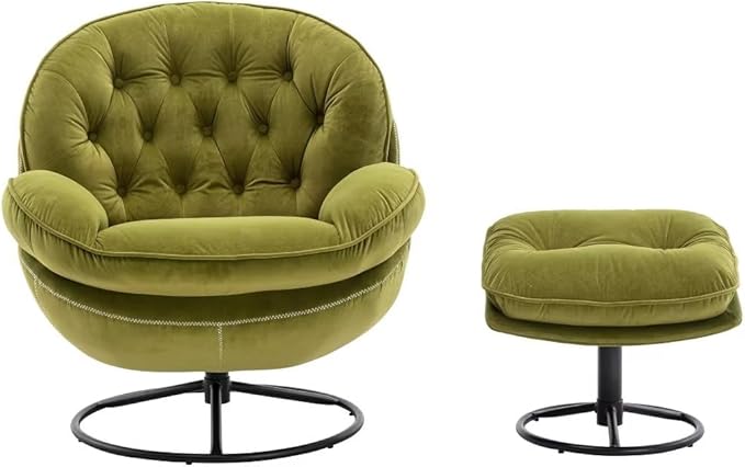 Velvet Swivel Accent Chair with Ottoman Modern Lounge Chair with Metal Base Frame &amp Footrest Comfortable Leisure Single Sofa Chair Reading Chair with 360 Degree Swiveling for Living Room Olive