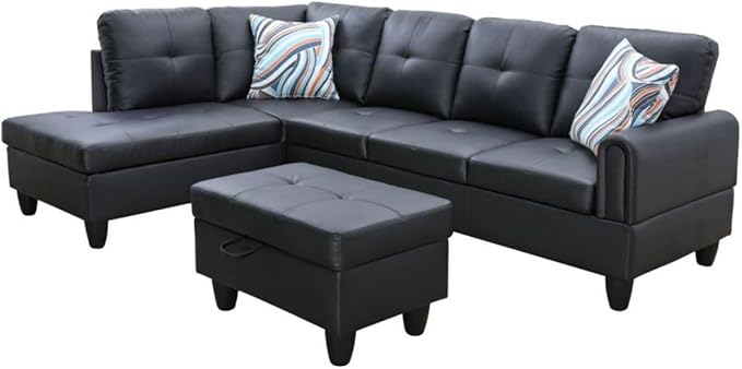 Black White L-Shaped 3-Piece Faux Leather Sofa with Storage Ottoman Set Sectional Couch Sofa Set for Living Room Office Small Space