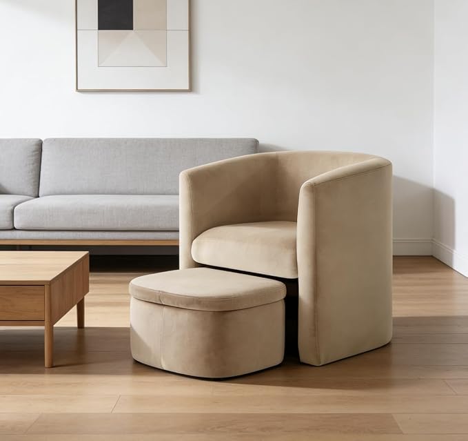 Velvet Accent Chair with Storage Ottoman No Assembly Upholstered Side Chair Morden Comfortable Living Room Armchairs for Bedroom/Reading Spaces Khaki