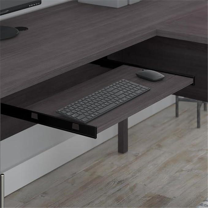 Pemberly Row 60W L Shaped Desk with Storage Storm Gray Finish Engineered Wood Pull-Out Keyboard Tray File Drawer Vertical Cabinet Wire Management Home Office Corner Desk