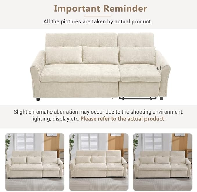 Polibi 2-in-1 Convertible Sofa Bed &amp Recliner - 3-Position Adjustable Backrest (105°-180°) Reversible Design Dual USB Ports 82 Wide Beige