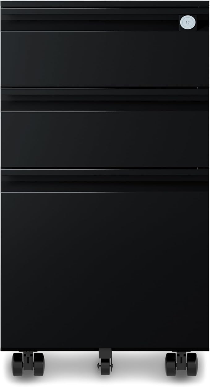 3-Drawer 15.4 W Classic File Cabinet with Lock Metal Filling Cabinets Suits Legal/Letter Size for Home Office Fully Assembled Except Wheels Grey (3-Drawer Widen Black)