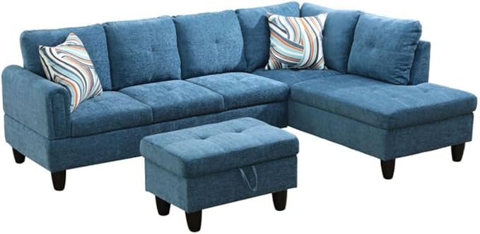 Blue L-Shaped 3-Piece Flannel Sofa with Storage Ottoman Set Sectional Couch Sofa Set for Living Room Office Small Space