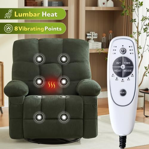 Oversized Recliner Chair for Adults w/ 8-Point 3D Kneading Massage and Lumbar Heating Swivel Rocker Recliner w/USB Charge Port for Living Room Ergonomic Lazy Boy Single Sofa Chair (Green)