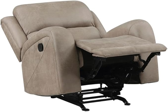 Pemberly Row Rocker Reclining Chair 40H x 38W x 38D Polished Microfiber Upholstery Brown Finish Padded Seat and Back Tab Pull Recliner Gentle Rocking Motion Transitional Living Room Seating
