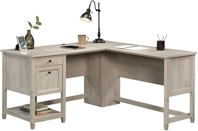 Pemberly Row L-Shaped Engineered Wood Desk Chalked Chestnut Finish 59 in Wide Built-in File Drawer Cord Management Lower Shelf Storage Home Office Executive Desk for Work or Study Use