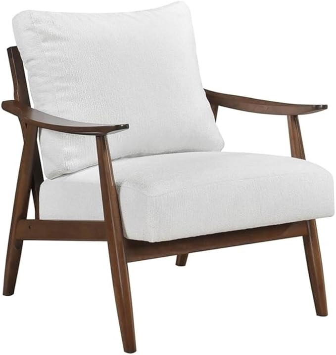 Pemberly Row Mid-Century Textured Fabric Accent Chair Beige Upholstery Rubberwood Frame Foam Padding Reversible Cushions Tapered Legs Versatile Living Room or Bedroom Seating