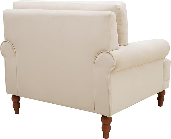 Beige Velvet Accent Arm Chair with Solid Wood Legs | Ergonomic Lumbar Support Cozy French Country Chic Large Lounge Chair for Living Room Bedroom Study