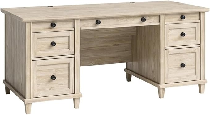 Pemberly Row Executive Desk Engineered Wood Chalk Oak Finish 1 Thick Top Double Pedestal with Storage Drawers Solid Wood Feet Home Office Desk with Grommet Holes for Organized Workspace
