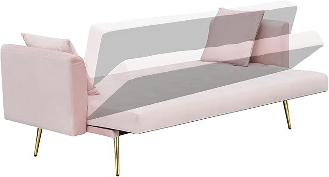 71 Modern Velvet Sofa Bed Futon Convertible Sleeper Couch with Adjustable Backrest Tufted Recliner Loveseat with Golden Chrome Legs &amp 2 Pillows for Small Spaces Living Room Apartment (Pink)