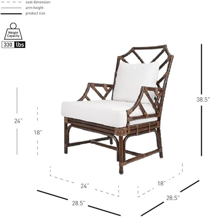 Pemberly Row Accent Arm Chair 17.5 Seat Height Rattan and Cotton Paloma Brown Finish Chinese Chippendale Style Removable Cushion Coastal or Classic Decor for Living Room or Bedroom