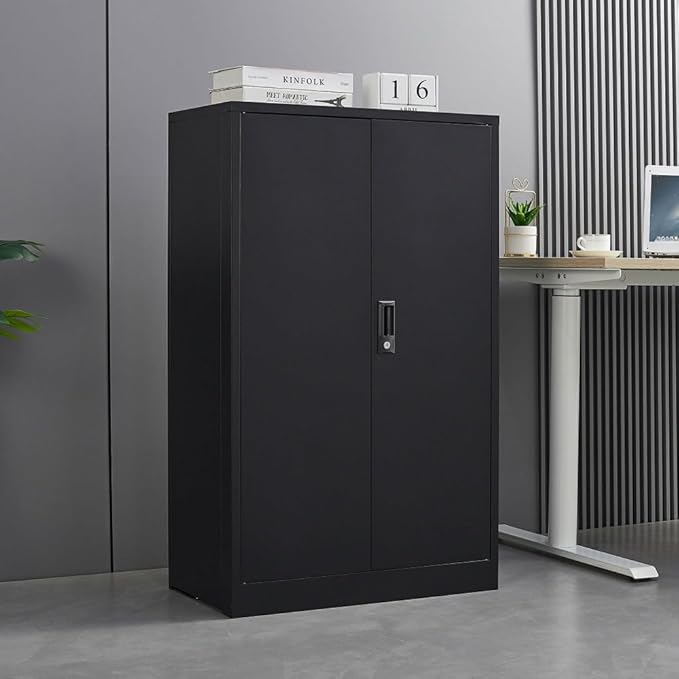Metal Storage Cabinet with Lock 2-Door Folding File Cabinet with Adjustable Shelf 42 Heavy-Duty Storage Locker for Home Office School Garage (Black)
