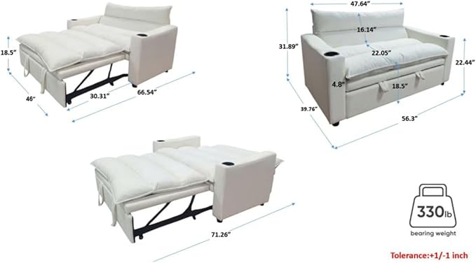 SLEERWAY 3 in 1 Convertible Sleeper Sofa Bed 56.3 W Easy Pull Out Couch Bed with Dual Cup Holders Comfy Thick Padding Futon Loveseat with Adjustable Backrest for Living Room Small Space (Blue)