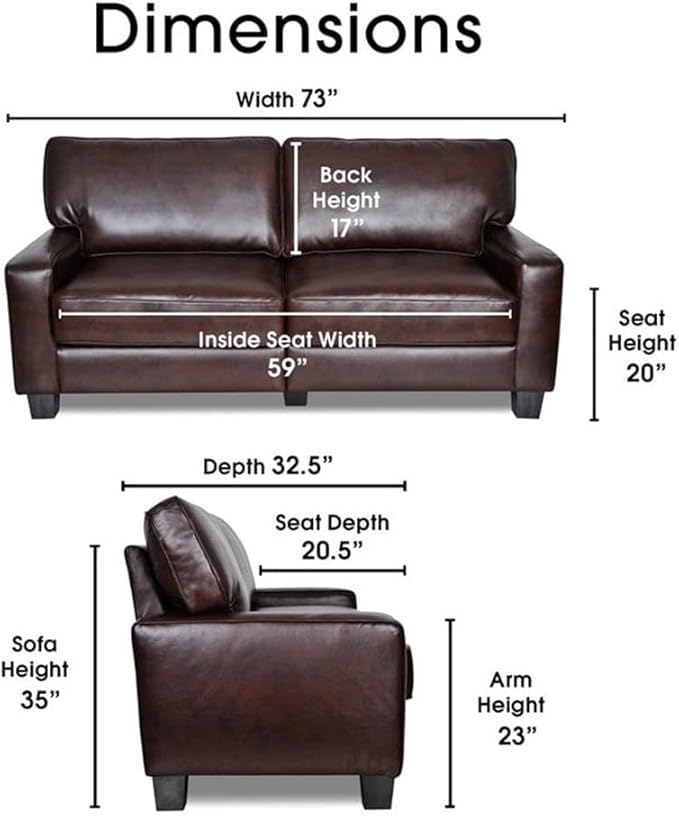 Pemberly Row Contemporary Faux Leather Sofa 73-in Wide in Chestnut Brown Pillow Back Design with Straight Arms Sturdy Hardwood Frame Ideal for Small Apartments Offices or Living Rooms