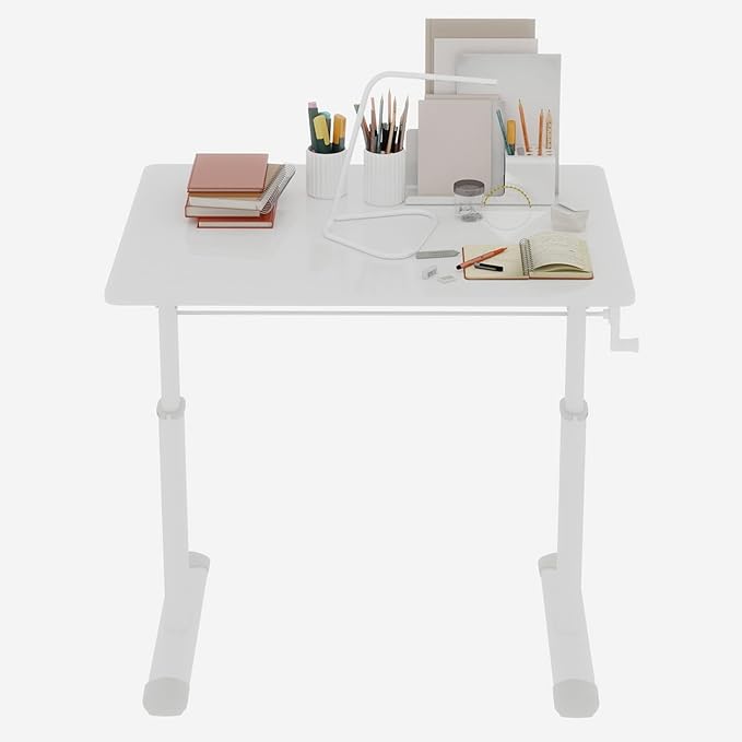 Adjustable Study Desk Hand-Crank Height Adjustable Sit-to-Stand Desk 60 x 80 cm Compact White Frame White Top Double-Column Stable Workstation for Home Office Study