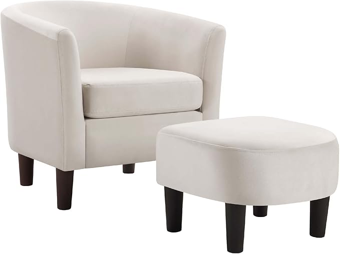 Green Swivel Accent Chair with Ottoman 360° Barrel Chairs with Foot Stool Comfy Reading Chair with Removable Pillow &amp 2 Armrest Covers for Living Room Small Spaces Bedroom (White Chenille)